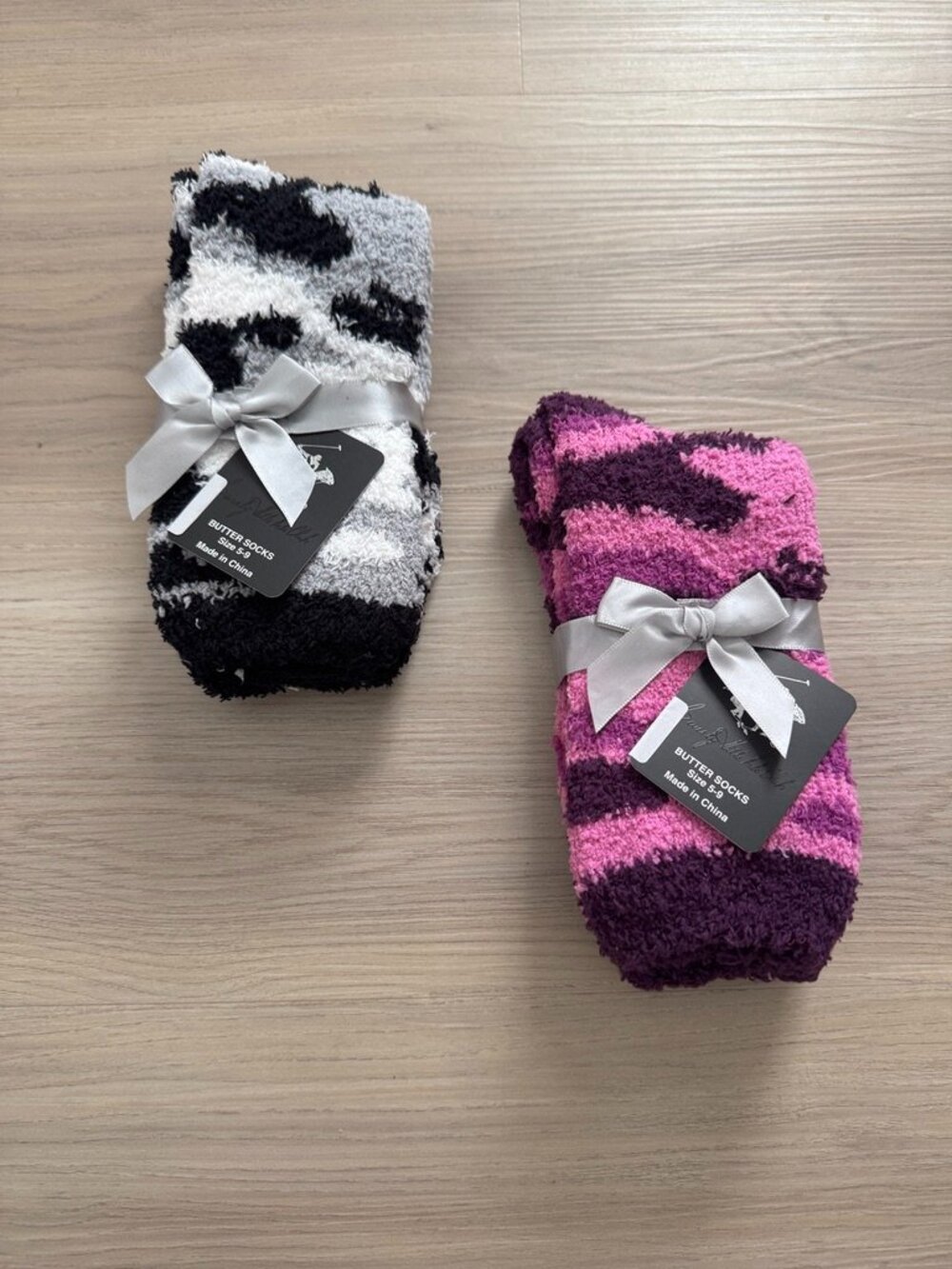 Fuzzy Cozy Women’s Butter Socks Purple-Pink /Black/White Camo 2- Pair Bundle